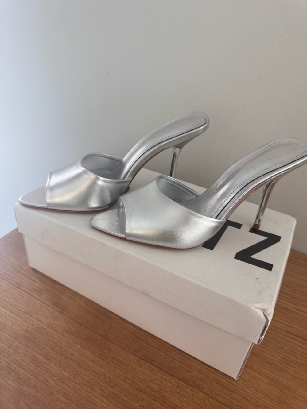 Women's Silver Metallic Open-Toe Stiletto Mules